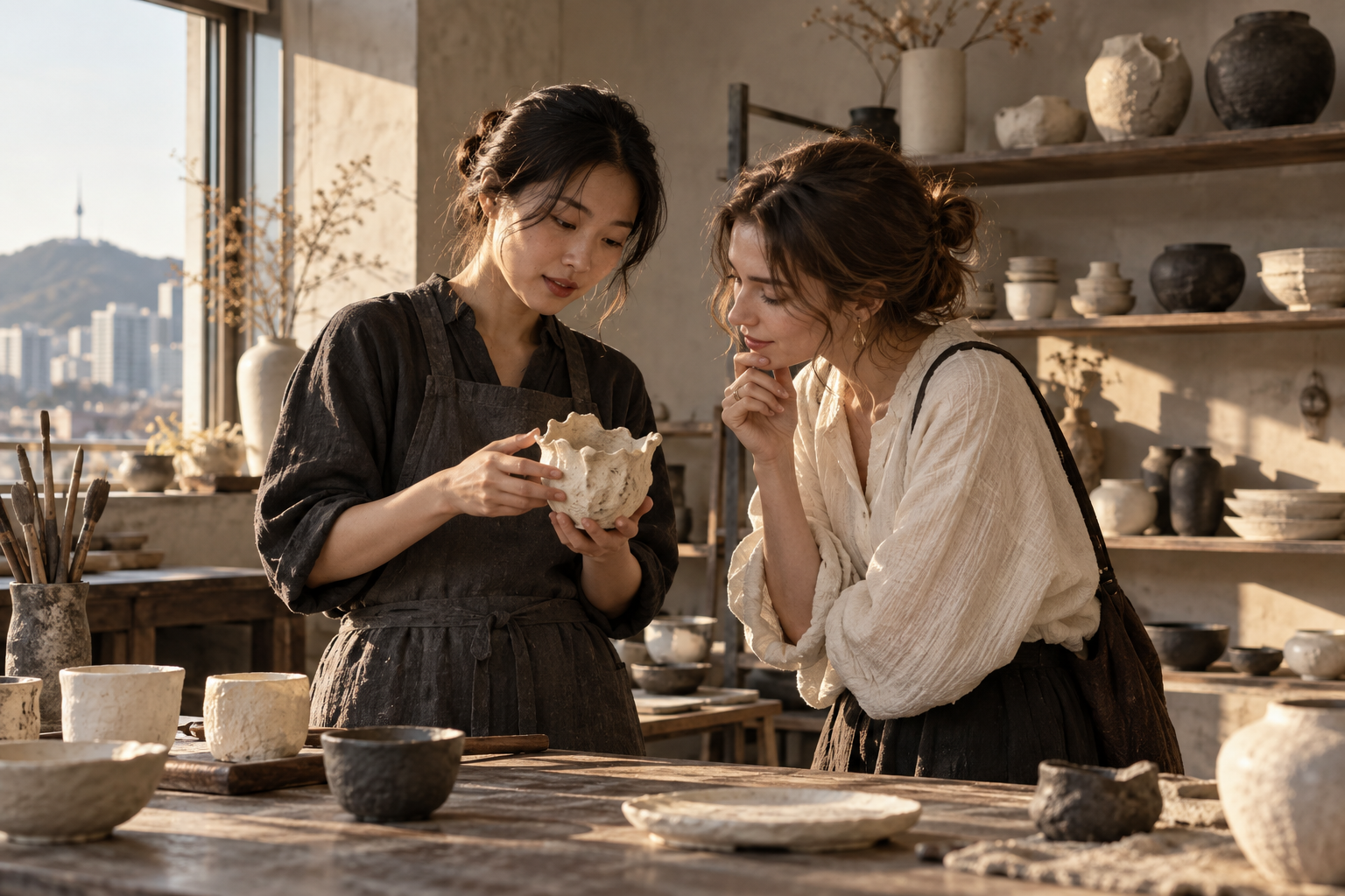 A fictional ceramic artist and visitor exploring a handmade vessel in a Seoul studio.