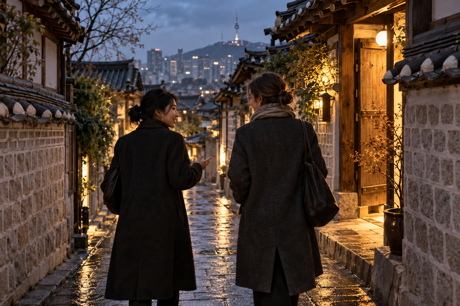Two fictional friends exchanging stories on a quiet Seoul hanok street at dusk.