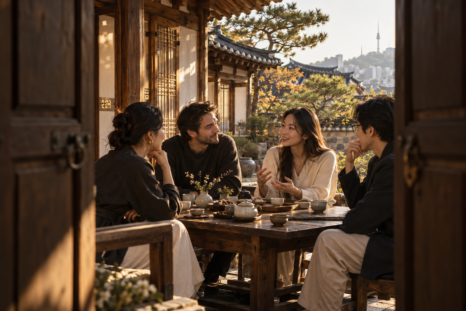 A brand illustration of people sharing tea and conversation through an open hanok doorway in Seoul.